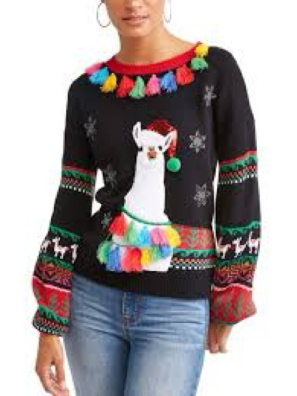 Holiday Time Llama Christmas Sweater Tassel Chenille Applique Black XXL